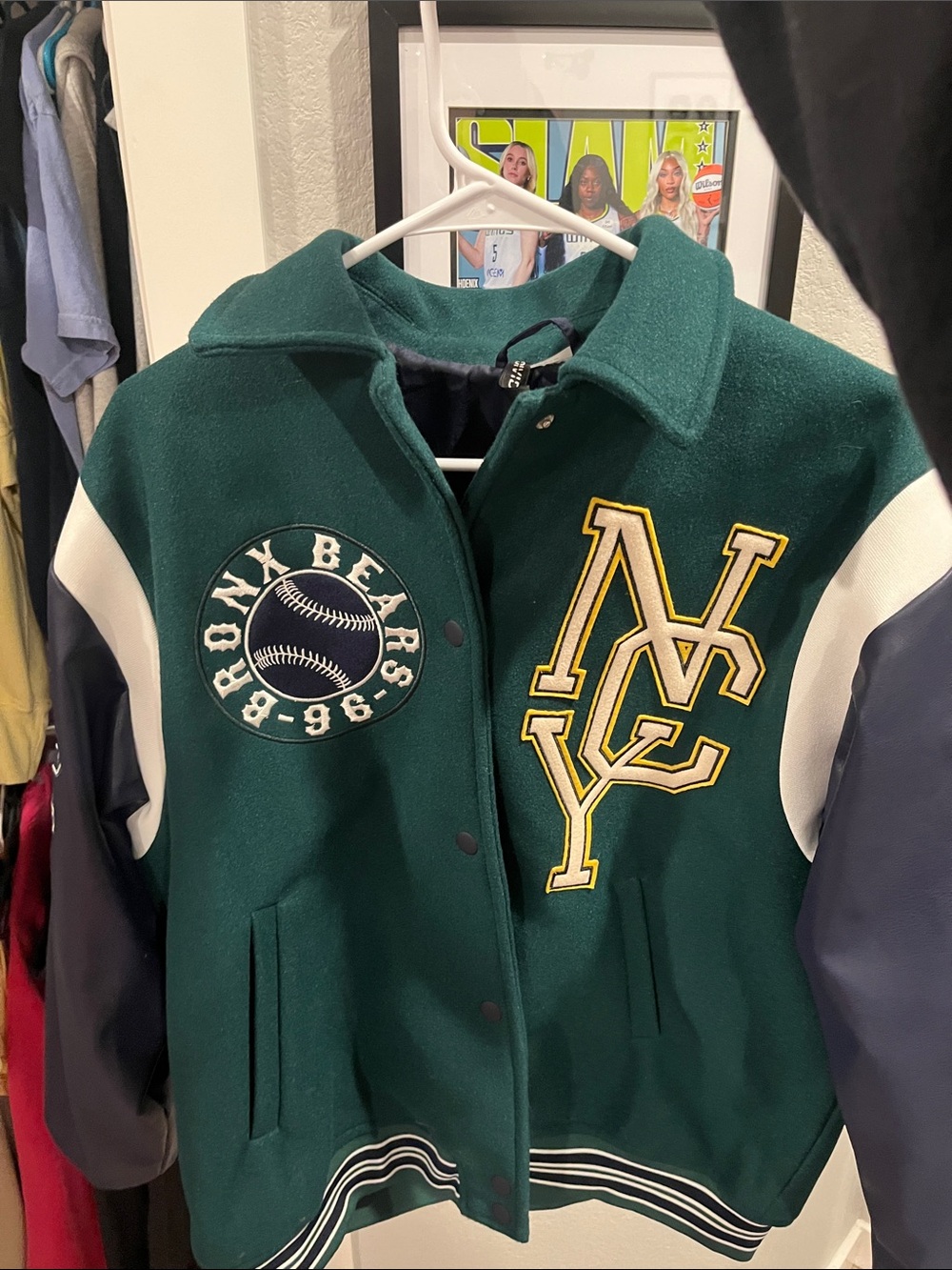 Divided Green Varsity Jacket with Navy & White Sleeves